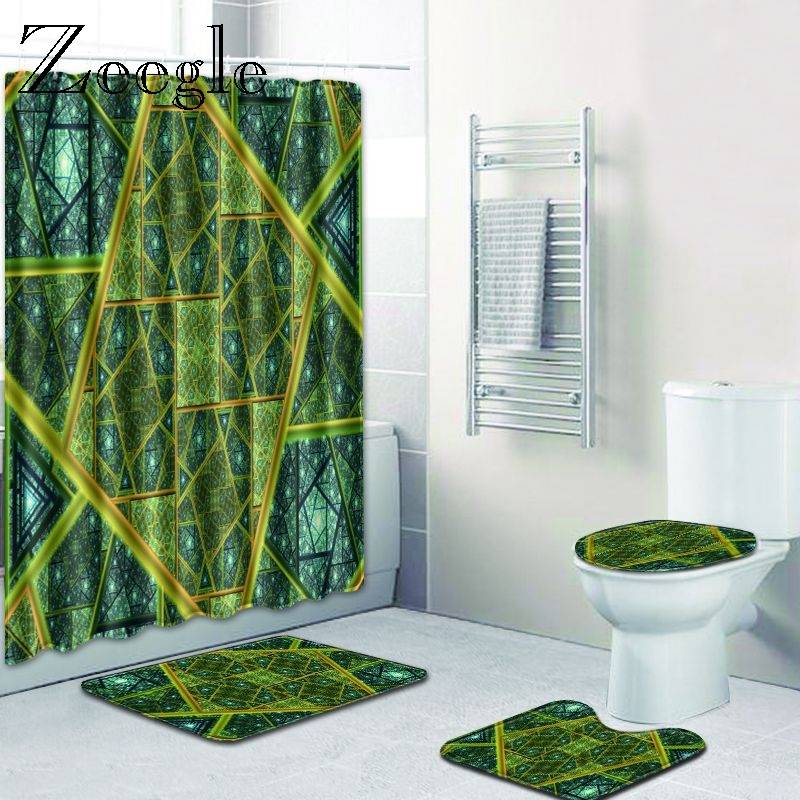 Zeegle Printed Bathroom Mat Set Soft Foot Mat for Bathroom Decoration Waterproof Shower Curtain with Hooks Bathroom Accessories