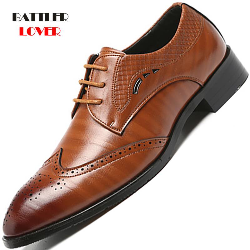 Brand Brogue Brown Red Black Men Business Dress Shoes Pointed Toe Men