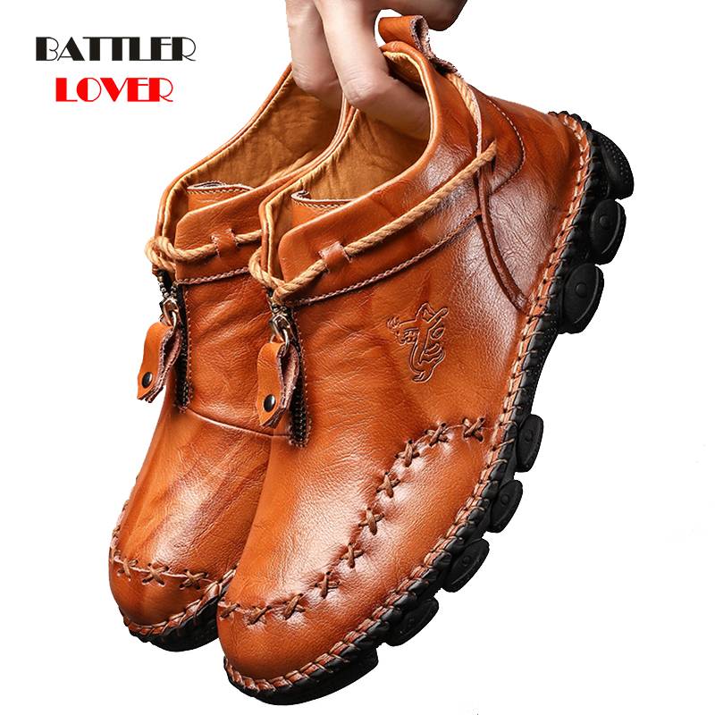 Genuine Leather Men Boots Handmade Top Quality Platform Snow Boots for Male Outdoor Autumn and Winter Footwear Plus Size 38-48