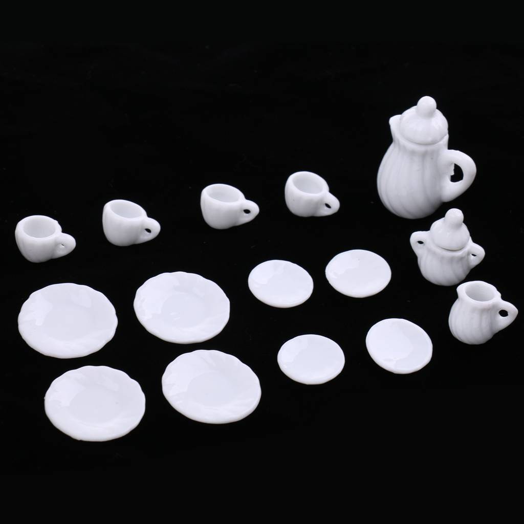 Miniature 15pcs White Ceramic China Tea Set Pot Cup Plate For 1/12 Dollhouse