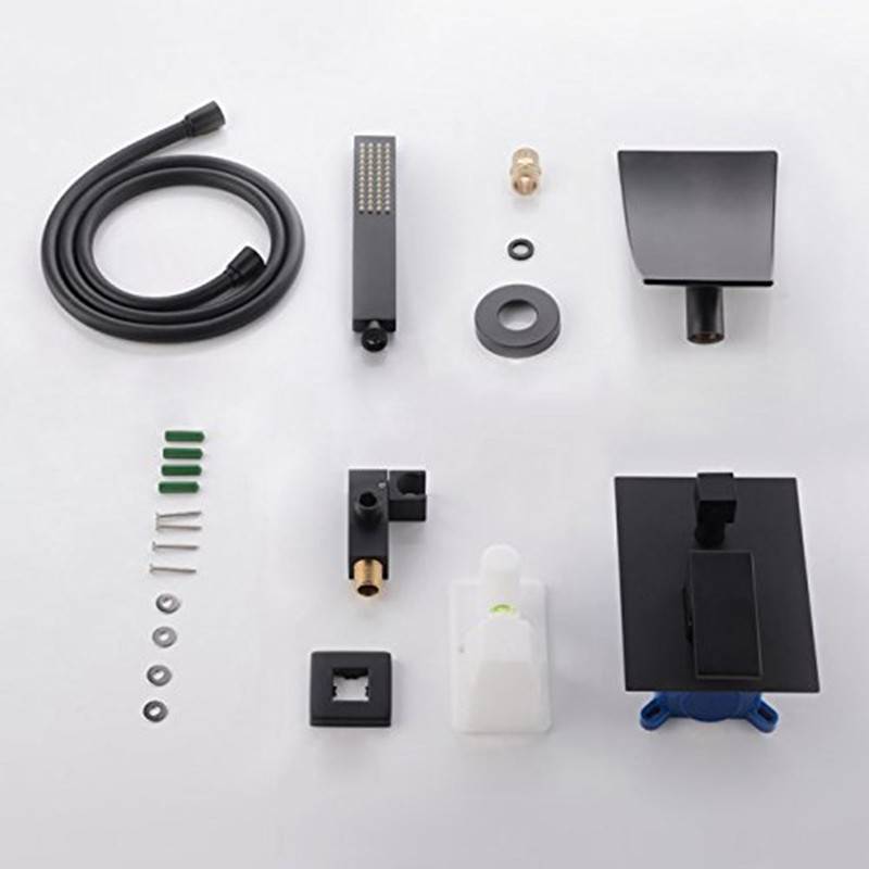 Modern Waterfall Wall-Mount Tub Filler Faucet & Handshower Black 6