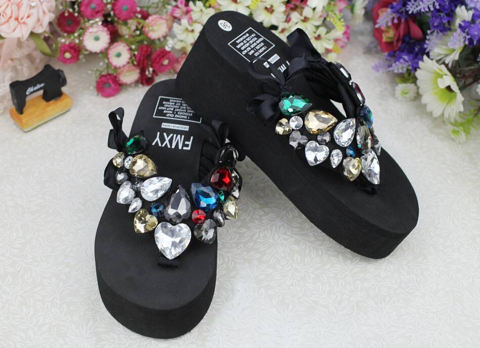 2019 Summer New Luxury Crystal Slippers Bow Womens Cheap Black Platform High Heels Comfortable Flip Flops Shoes Discount52
