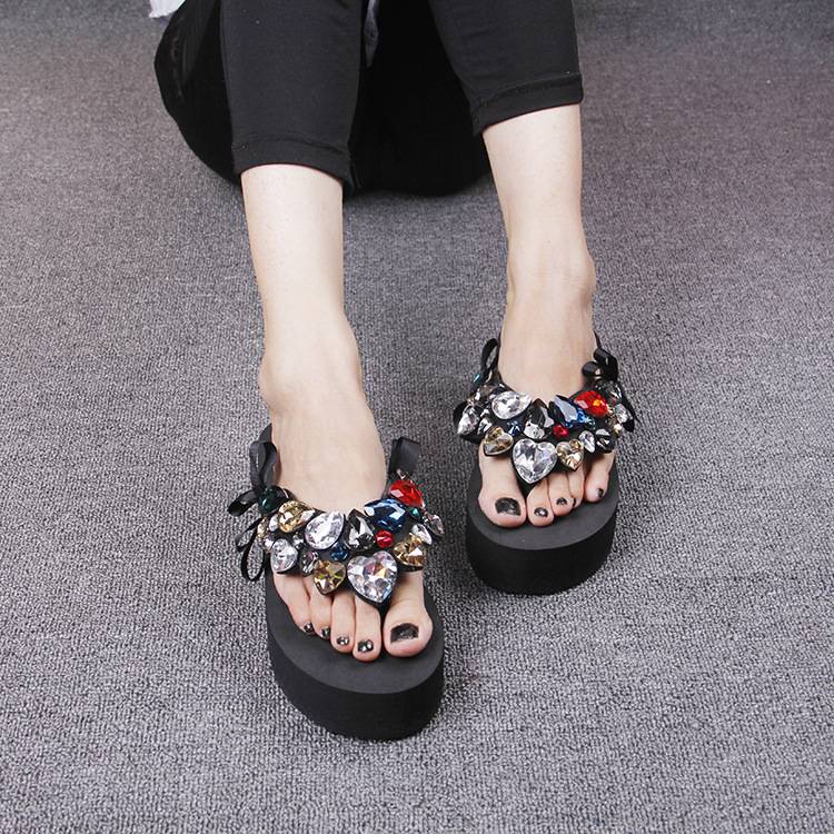 2019 Summer New Luxury Crystal Slippers Bow Womens Cheap Black Platform High Heels Comfortable Flip Flops Shoes Discount49