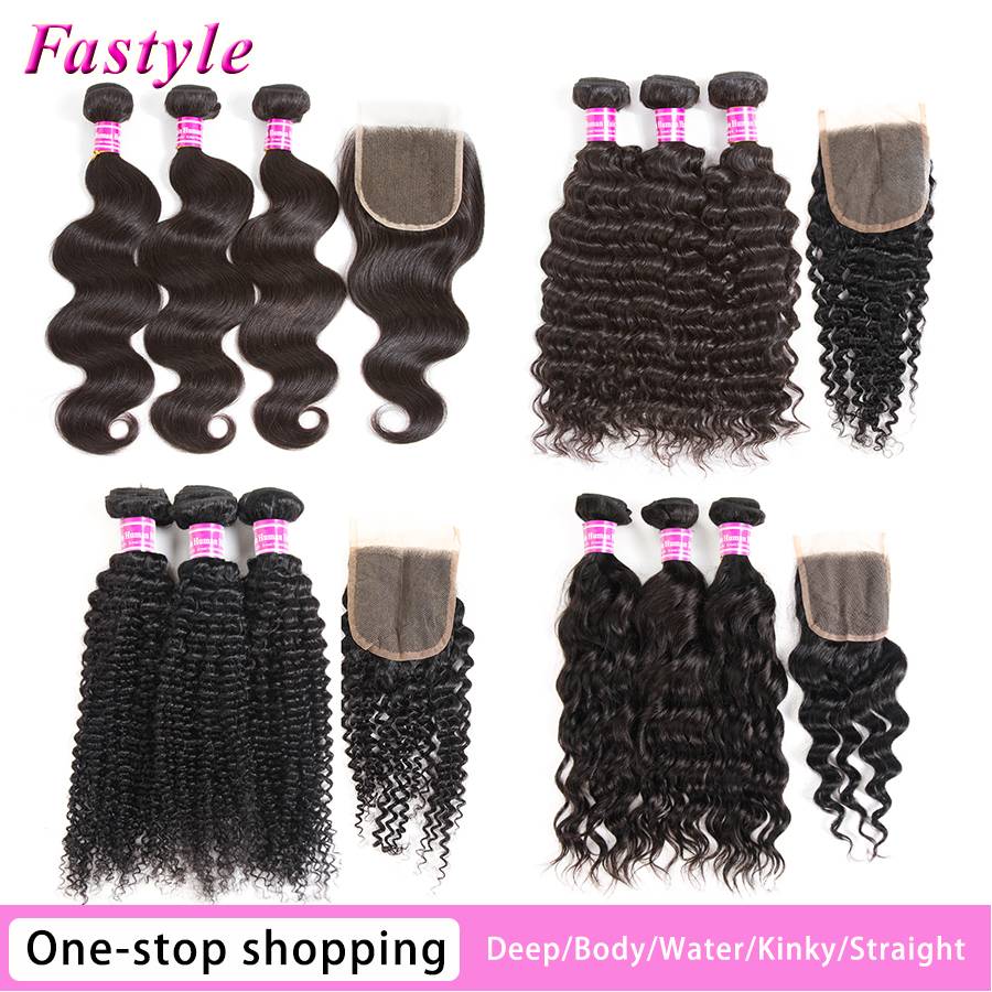 Прямые Пучки Fastyle с застежкой бразильское тело глубокая водная волна курчавые