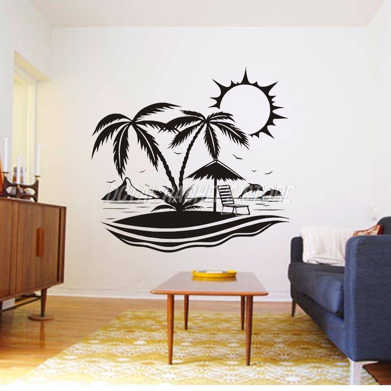 Tropical Island Palm Silhouettes Dolphin Seagull Sticker Home Decor Vinyl Decal Coconut Tree Living Room Bedroom