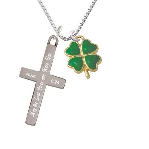 Opaque Green Lucky Four Leaf Clover - Bless and Keep You - Cross Necklace (1)