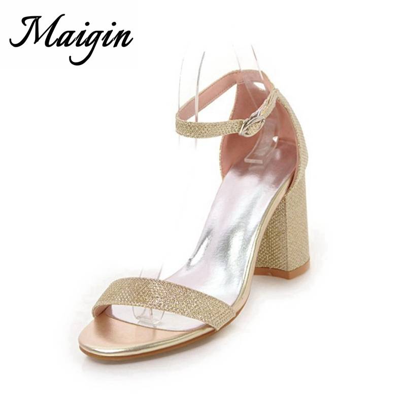 Maigin Gold&Silver Sandals Women High Heels 2018 New Buckle Strap Block Heels New Open Toe Casual Sandals Leisure Female Shoes