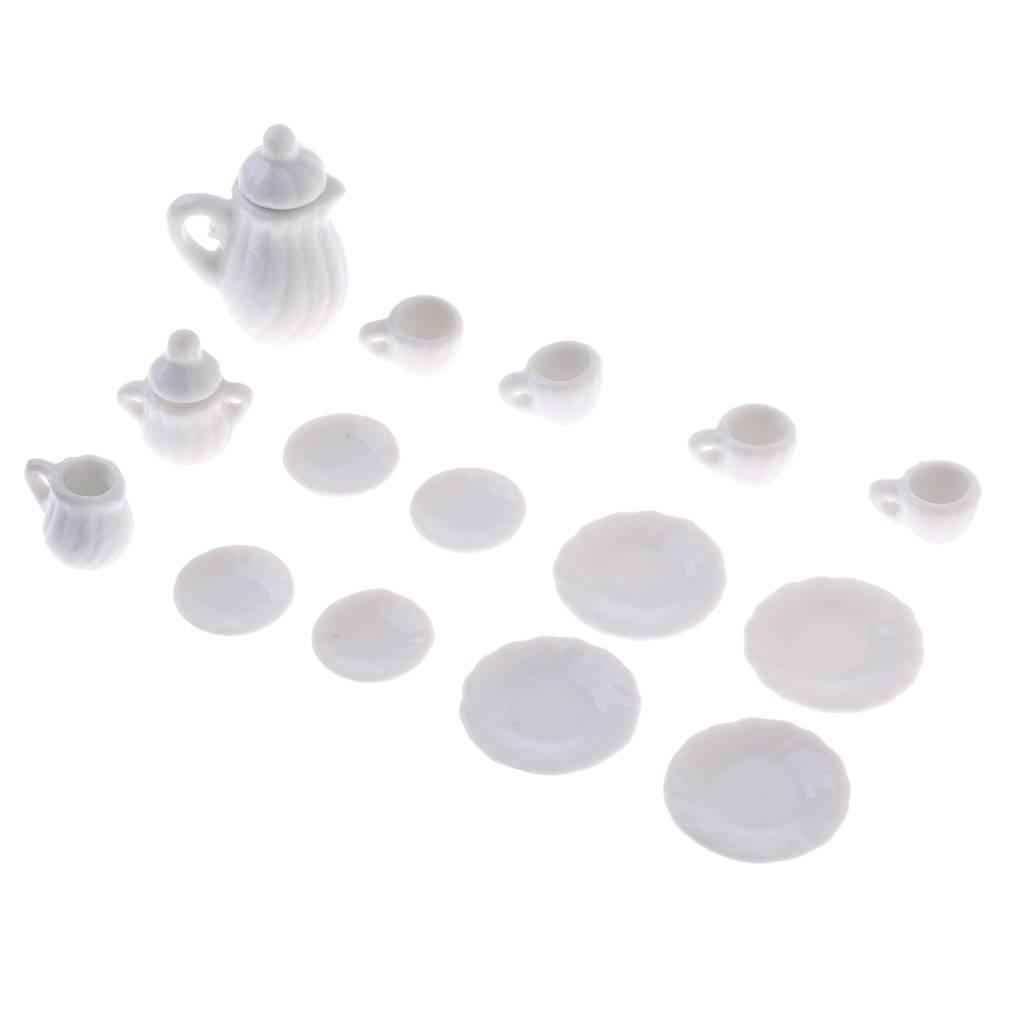 Miniature 15pcs White Ceramic China Tea Set Pot Cup Plate For 1/12 Dollhouse