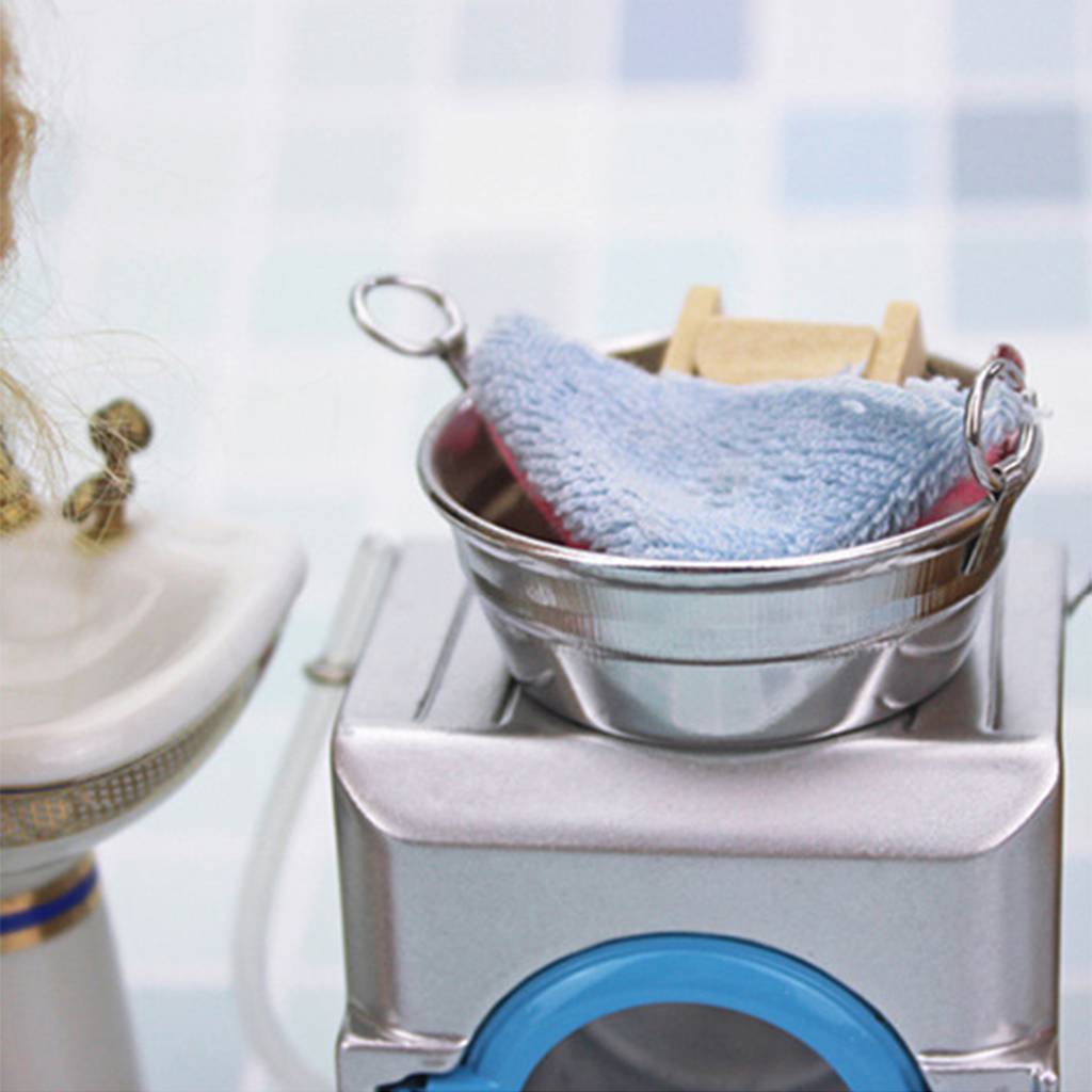 1/12 Dollhouse Miniature Washing Tin Tub Laundry Tools Kit Kids Role Play Toys