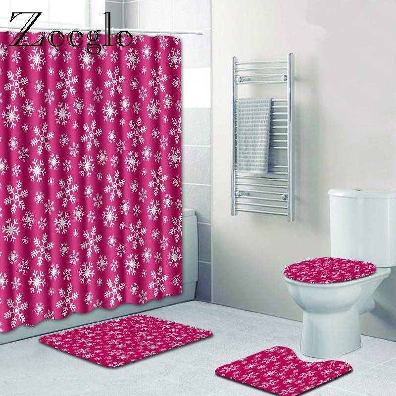 Zeegle Bathroom Mat with Shower Curtain Set 4pcs Toilet Rug Set Waterproof Shower Curtain Anti-slip Pedestal Rug Bath Decor Mat