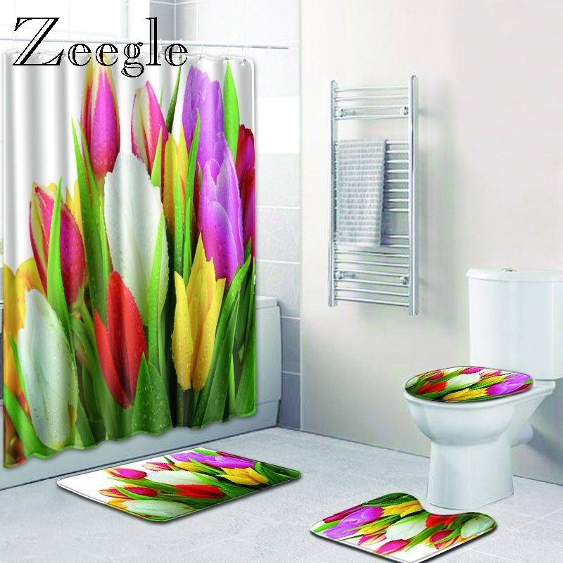 Zeegle Flower Pattern Bath Mat Set Waterproof Shower Curtain Washable Bath Rug Pedestal Rug Anti-slip Mat Bathroom Accessories