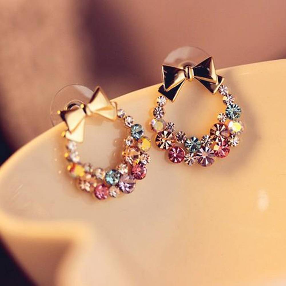 Crystal Colorful Rhinestone Bow Earrings E41 Vintage Jewelry