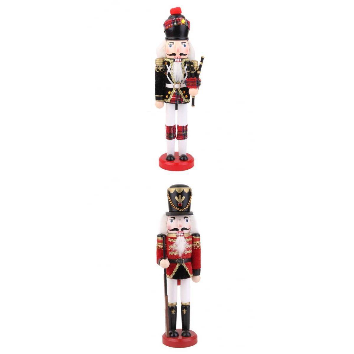 2 Pieces Wooden Handmade Nutcracker Soldier with Bagpipes & Solider with Accessories Set for Christmas Decor Gift