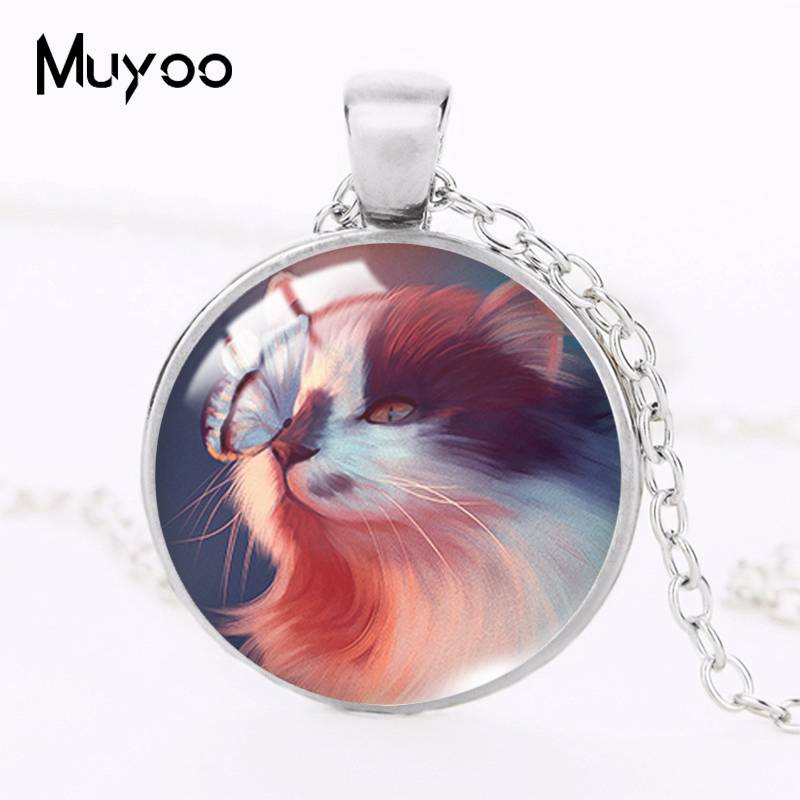 Ожерелье с подвеской в виде черной кошки бабочки художественная роспись круглое